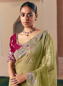 Olive Green Sequins Embroidered Saree