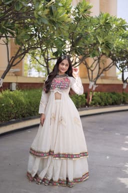 Designer Navratri Chaniya Choli | Ivory Long Shrug Lehenga with Kutchi Gamthi Work