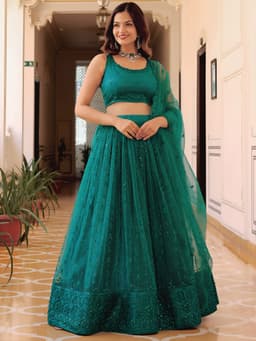 Teal Green Soft Net Thread Sequins Bridal Lehenga