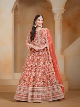 Red embroidered anarkali suit party wear for women with elegant festive ethnic style and designer dupatta