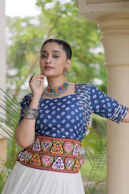 Navratri Chaniya Choli Online | White Kora Cotton Lehenga with Blue Bandhej Blouse