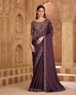 Dark Plum Satin Chiffon Embroidered Wedding Saree