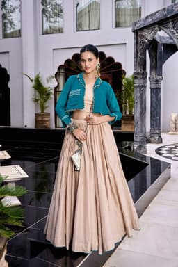 Beige Cotton Lehenga with Teal Gamthi Top for Navratri