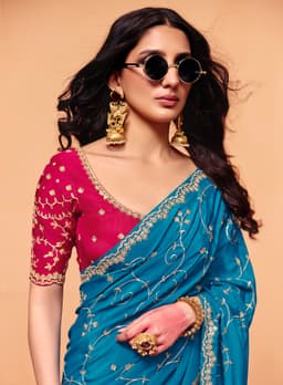 Teal Blue Satin Silk Heavy Sequins Embroidered Party Saree