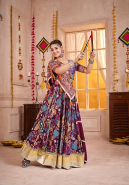 Purple Printed Viscose Cotton Mirror Work Navratri Lehenga Choli
