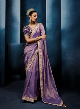 Lavender Fancy Saree with Purple Embroidered Designer Blouse