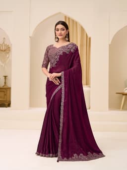 Plum Satin Silk Designer Saree for Wedding Reception & Party Wear
