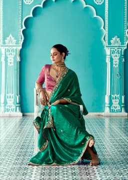 Emerald Green Silk Saree with Zari Border Blouse