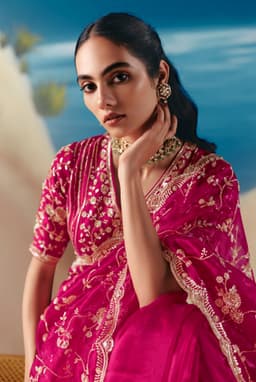 Hot Pink Mehendi & Haldi Wear Satin Organza Saree