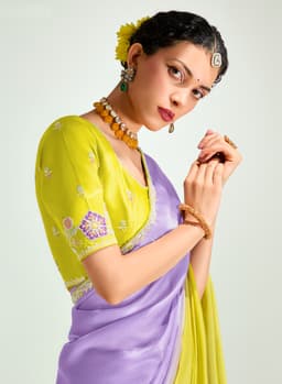 Lavender Yellow Organza Saree for Party Wear