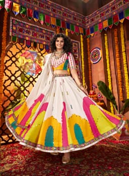 White Gaji Silk Mirror Work Navratri Lehenga Choli