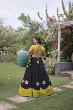 Black & Mustard Lotus Lehenga for Navratri