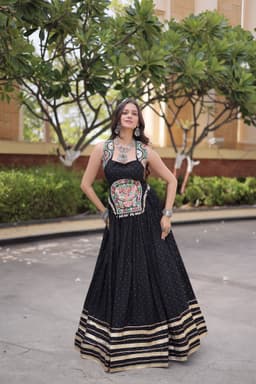 Black Rayon Lehenga with Mukesh & Gamthi Mirror Work
