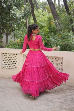 Rani Pink Bandhej Lehenga with Gamthi Work Navratri Style