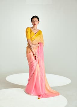 Yellow Pink Organza Saree for Festive Wear