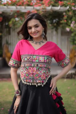 Black Lotus Lehenga with Hot Pink Gamthi Blouse