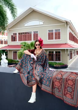 Teal Blue Baghru Print Satin Crape Saree