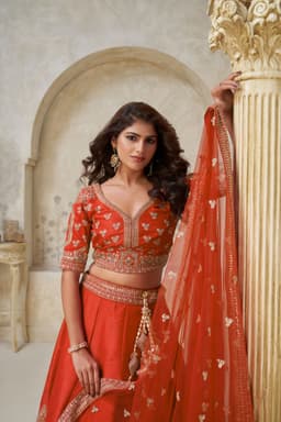 Rust Orange Silk Bridal Lehenga with Zari Work