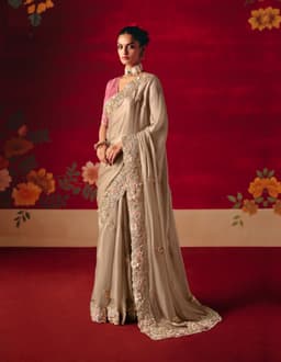 Beige Designer Embroidered Saree