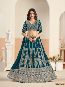 Teal Blue Faux Georgette Heavy Embroidered Bridal Lehenga