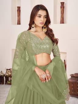 Olive Green Georgette Sequins Lehenga