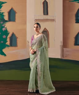 Sage Green Wedding Guest Saree With Embroidery