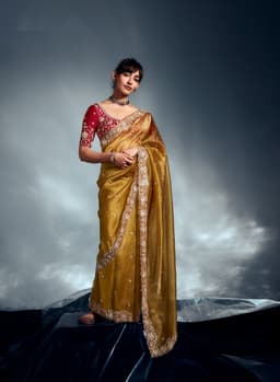 Golden Mustard Tissue Organza Saree for Wedding Wear