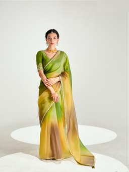 Sea Green Yellow Organza Saree for Festive Wear