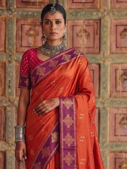 Orange Soft Silk Saree with Purple Woven Border