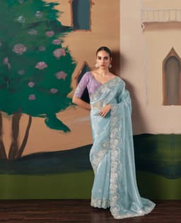 Powder Blue Organza Embroidered Saree