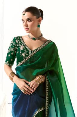 Emerald Green Organza Tissue Party Wear Saree