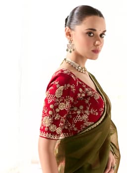 Olive Green Organza Tissue Party Wear Saree