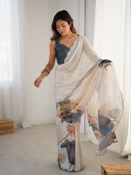 Cream Floral Printed Chinon Saree