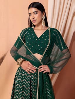 Emerald Green Georgette Zari Sequins Wedding Lehenga