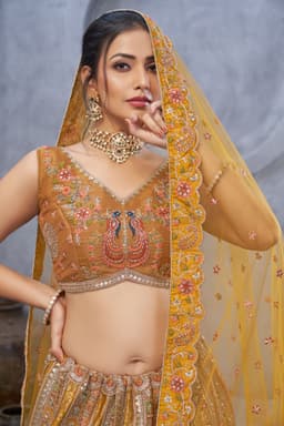 Mustard Yellow Peacock Banarasi Silk Haldi Bridal Lehenga