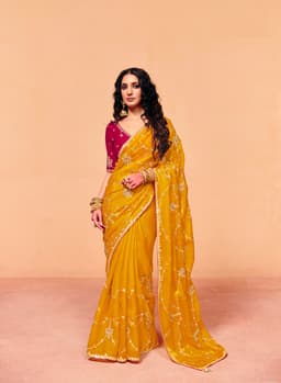 Mustard Yellow Organza Satin Sequins Embroidered Saree