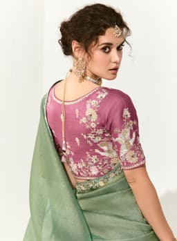 Sage Green Organza Tissue Party Wear Saree