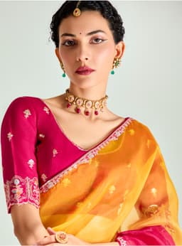 Yellow Pink Organza Tissue Silk Designer Saree for Wedding & Party