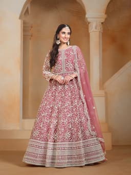 Dusty Rose Net Embroidered Anarkali Gown | Anarkali Suit Party Wear