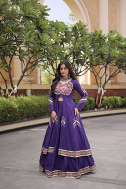Lehenga for Navratri | Purple Kora Cotton Lehenga with Long Gamthi Shrug