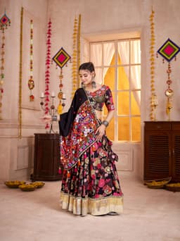 Black Floral Printed Kutchi Patch Mirror Work Navratri Lehenga