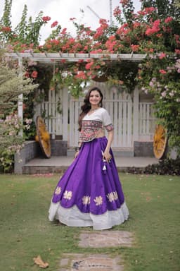 Purple Ivory Lotus Lehenga with Kutchi Gamthi Top