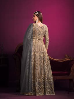 Traditional long anarkali suit party wear for women with ethnic embroidery