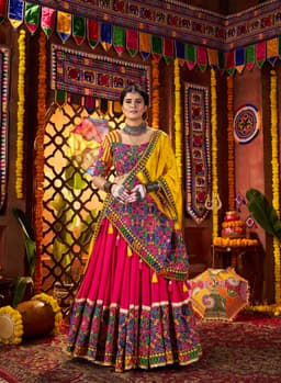 Pink Viscose Cotton Navratri Lehenga Choli with Mirror Work