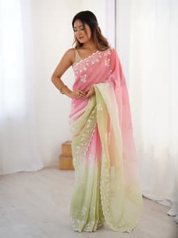 Pastel Pink Pista Green Ombre Crunchy Silk Saree With Embroidery