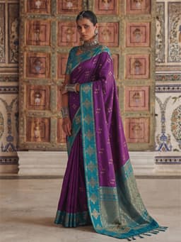 Purple Soft Silk Saree with Teal Woven Border