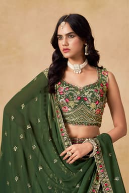 Green Embroidered Georgette Lehenga Choli