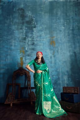 Emerald Green Saree with Gold Floral Woven Pallu