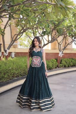 Deep Teal Green Rayon Lehenga with Gamthi Mirror Blouse