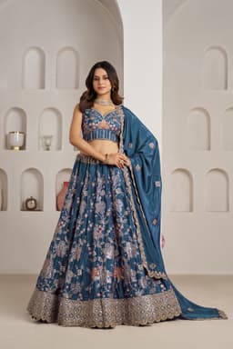 Sky Blue Crepe Silk Floral Sequins Embroidered Lehenga